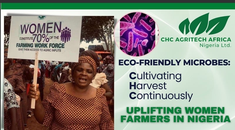 Woman agricultural worker with Women in Nigerian Farming Work Force logo and CHC Agritech Africa eco-friendly microbes initiative text